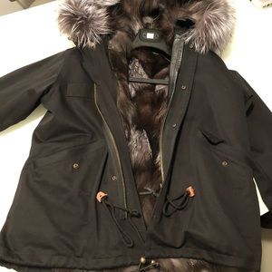 Military style winter coat, with removable Fox fur vest, Purchased at Sacks5th